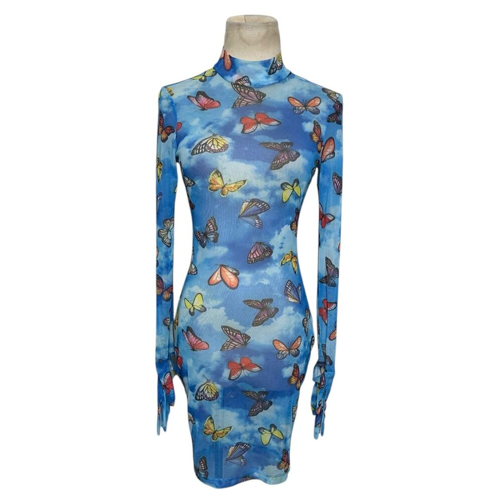 Fashion Nova blue Butterfly Sky print long sleeves sheer dress size Small
